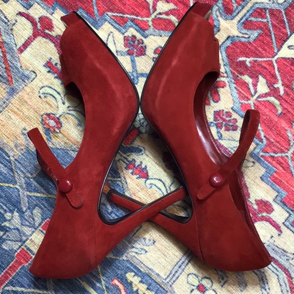 🪭 Nine West Luminous Brick Red Suede Ankle Strap Peep Toe Heels Sz.8.5 - Picture 6 of 10